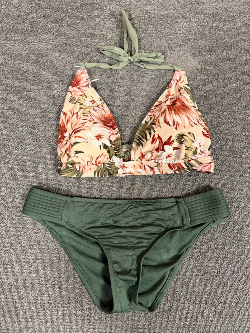 Lona Sol Bikini Set S Bottoms L Top Olive Floral Tie Neck Hawaiian